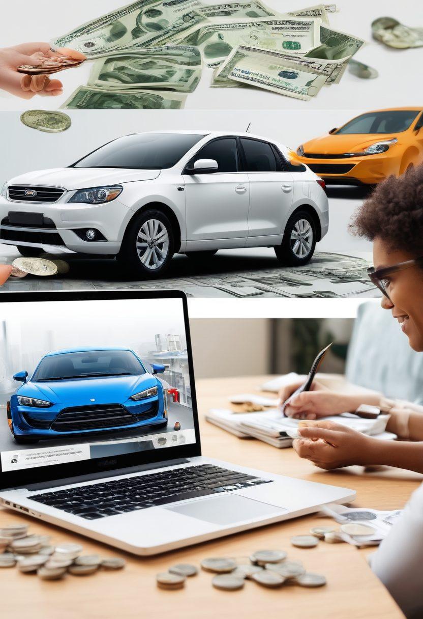 A visually engaging split-screen image showing a diverse range of car insurance plans, with stacks of coins and dollar bills creatively integrated into the design. On one side, a group of people discussing savings options over a laptop, while the other side features different car models with price tags attached. Infographic elements comparing coverage benefits subtly incorporated. Bright color palette. super-realistic. vibrant colors.