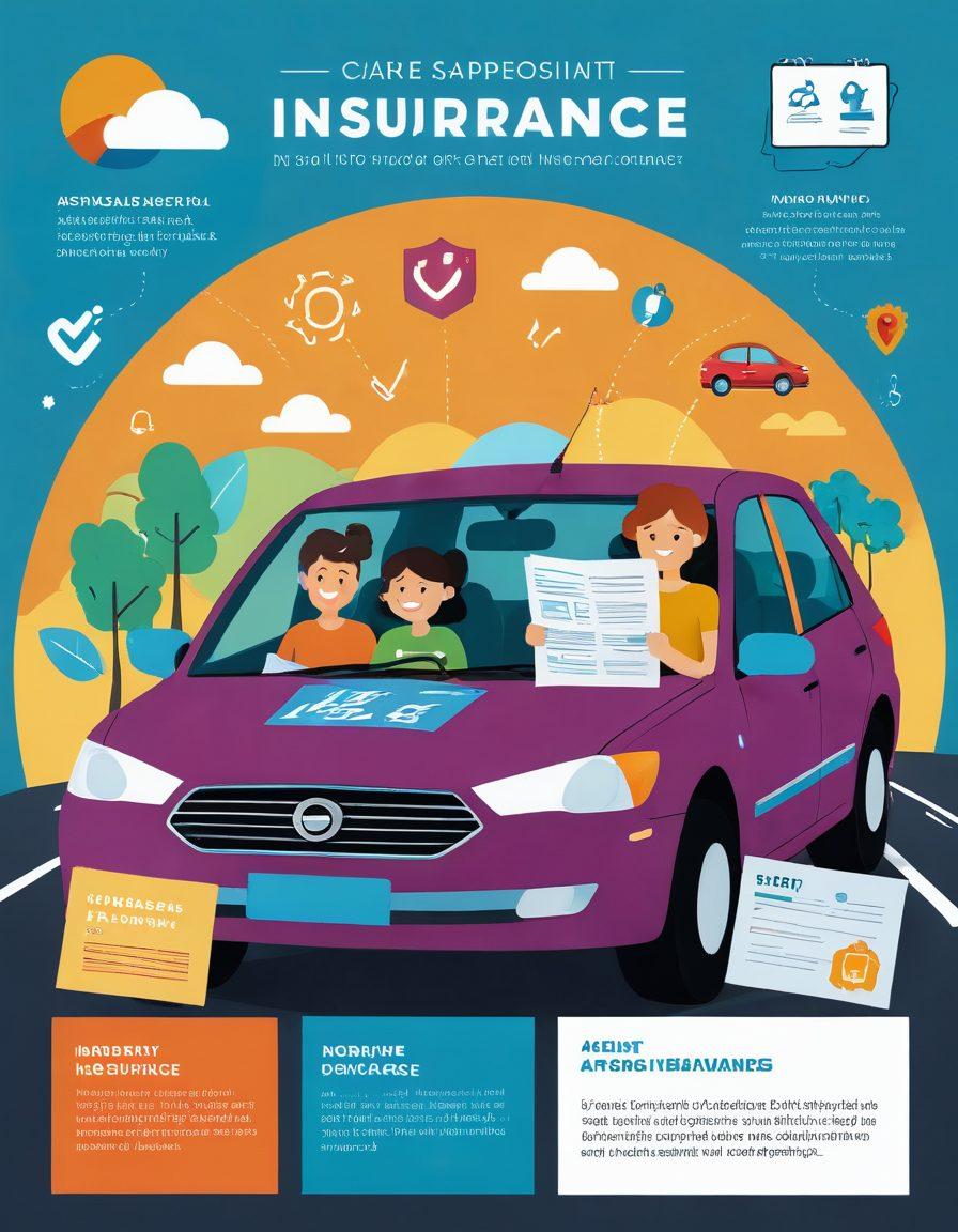 A visually engaging guide featuring a split image: on one side, a happy family driving a car with affordable insurance paperwork in hand, and on the other, a checklist of comprehensive car insurance options with icons representing coverage like roadside assistance, collision, and liability. Bright colors should evoke a sense of security and optimism. The background features subtle illustrations of cars and roads. vibrant colors. modern infographic style.